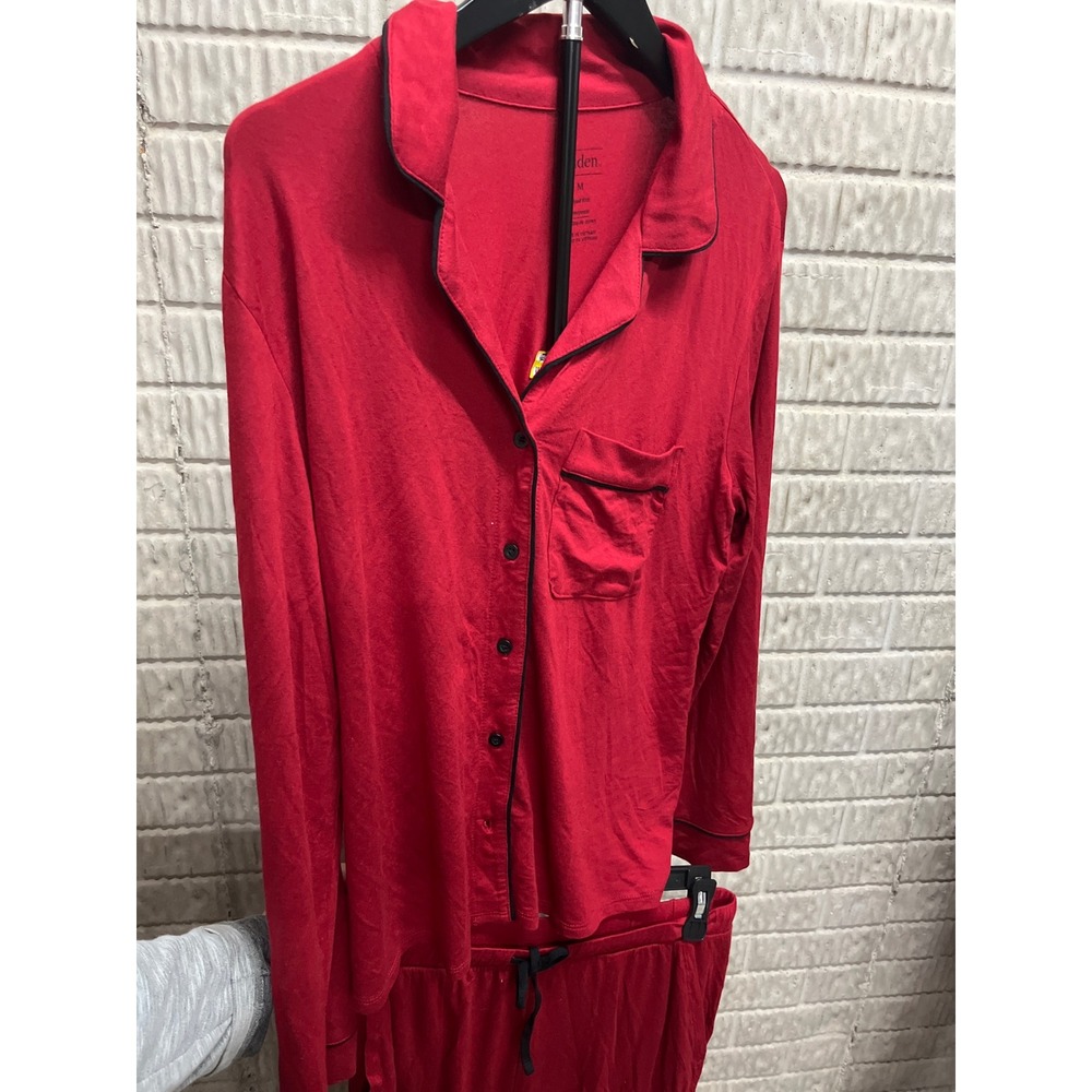 Auden Womens Cloud Knit Pajama Set Red Long Sleeve Button Down Pants Medium